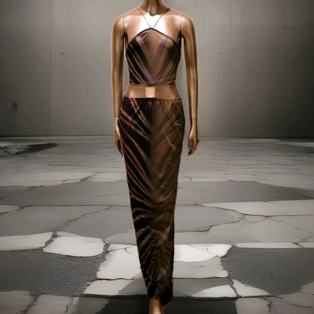 NWT Exotic Print Gold Embellishment Backless  Halter Festival Ibiza Maxi Dress - Picture 11 of 16